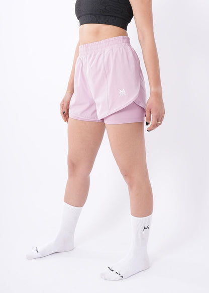 Women's VAN MILE Aurora Compression Shorts in Pink – angled front view, full length