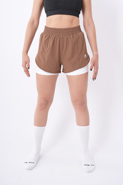 Women's VAN MILE Aurora Compression Shorts in Brown – front view, full length
