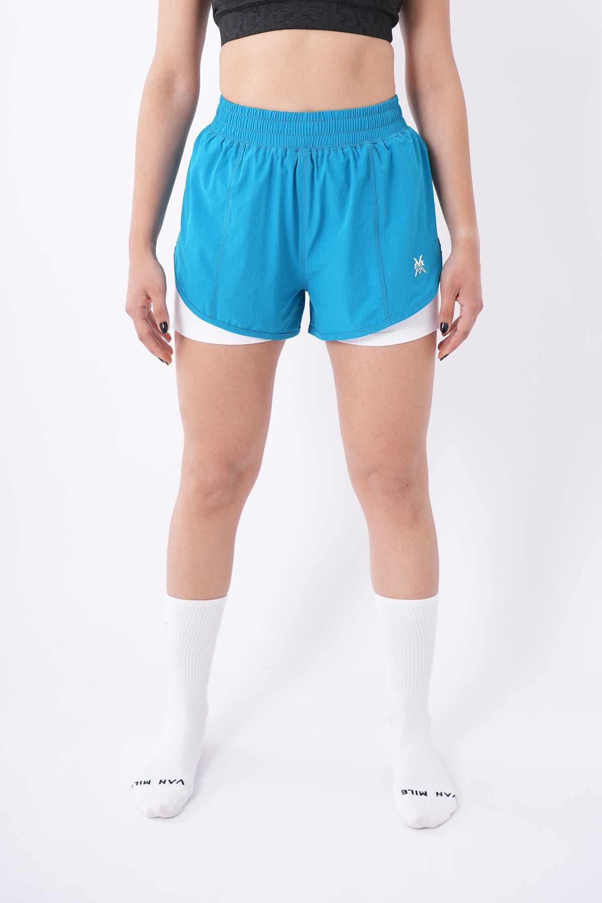 Women's VAN MILE Aurora Compression Shorts in Sky Blue – front view, full length
