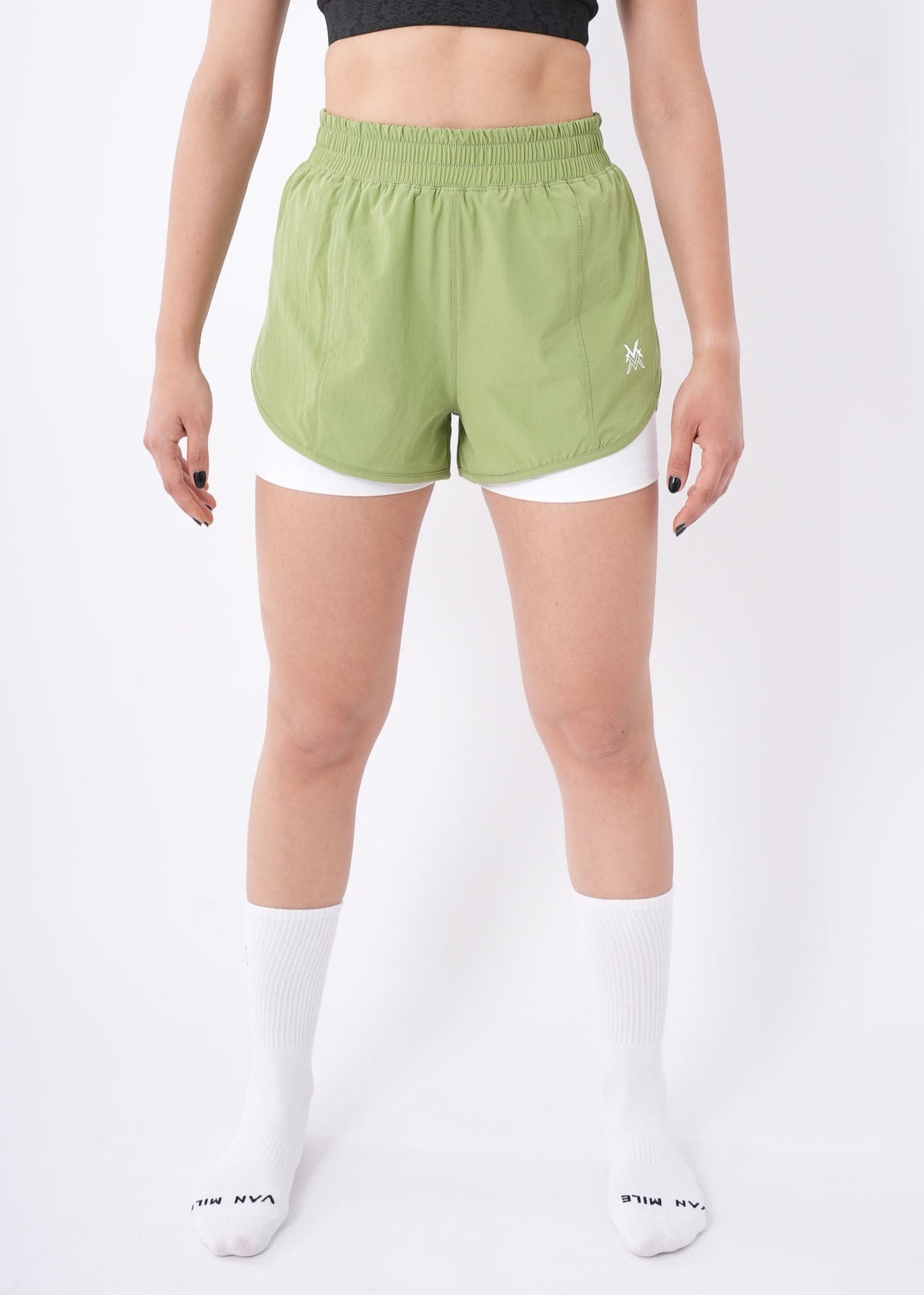 Women's VAN MILE Aurora Compression Shorts in Lime Green with White Liner – front view, full length