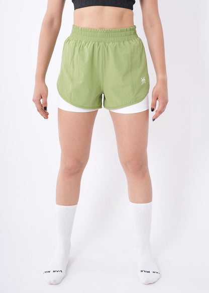 Women's VAN MILE Aurora Compression Shorts in Lime Green with White Liner – front view, full length