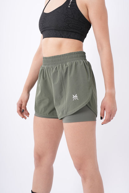Women's VAN MILE Aurora Compression Shorts in Olive Green – angled front view