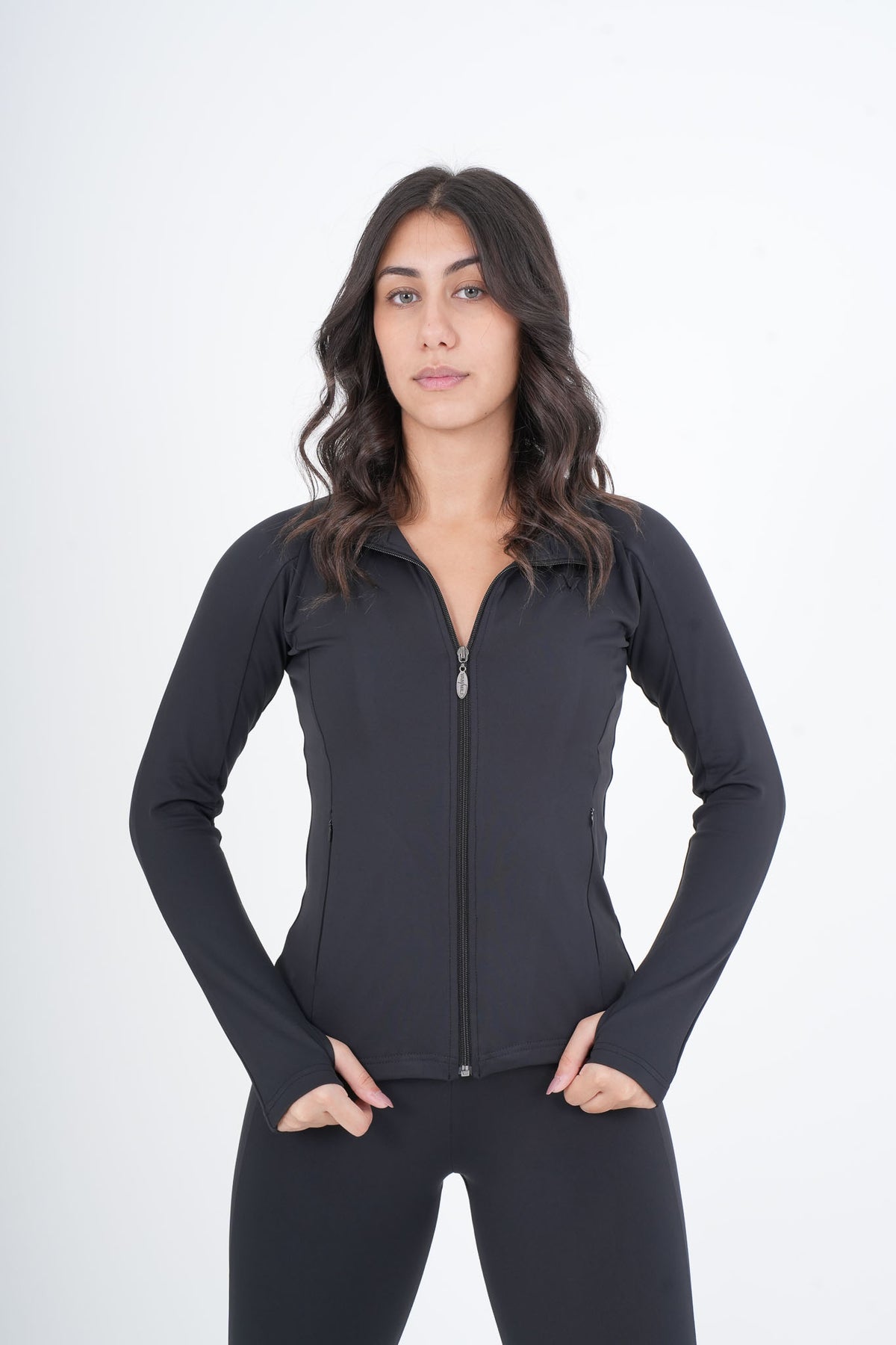 Women's VAN MILE VNML Two-Piece Lycra Set in Black – close-up of the jacket, front