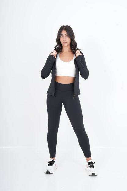 Women's VAN MILE VNML Two-Piece Lycra Set in Black – front view, jacket open