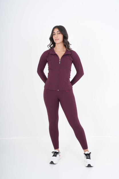 Women's VAN MILE VNML Two-Piece Lycra Set in Bordeaux – front view, hands behind back
