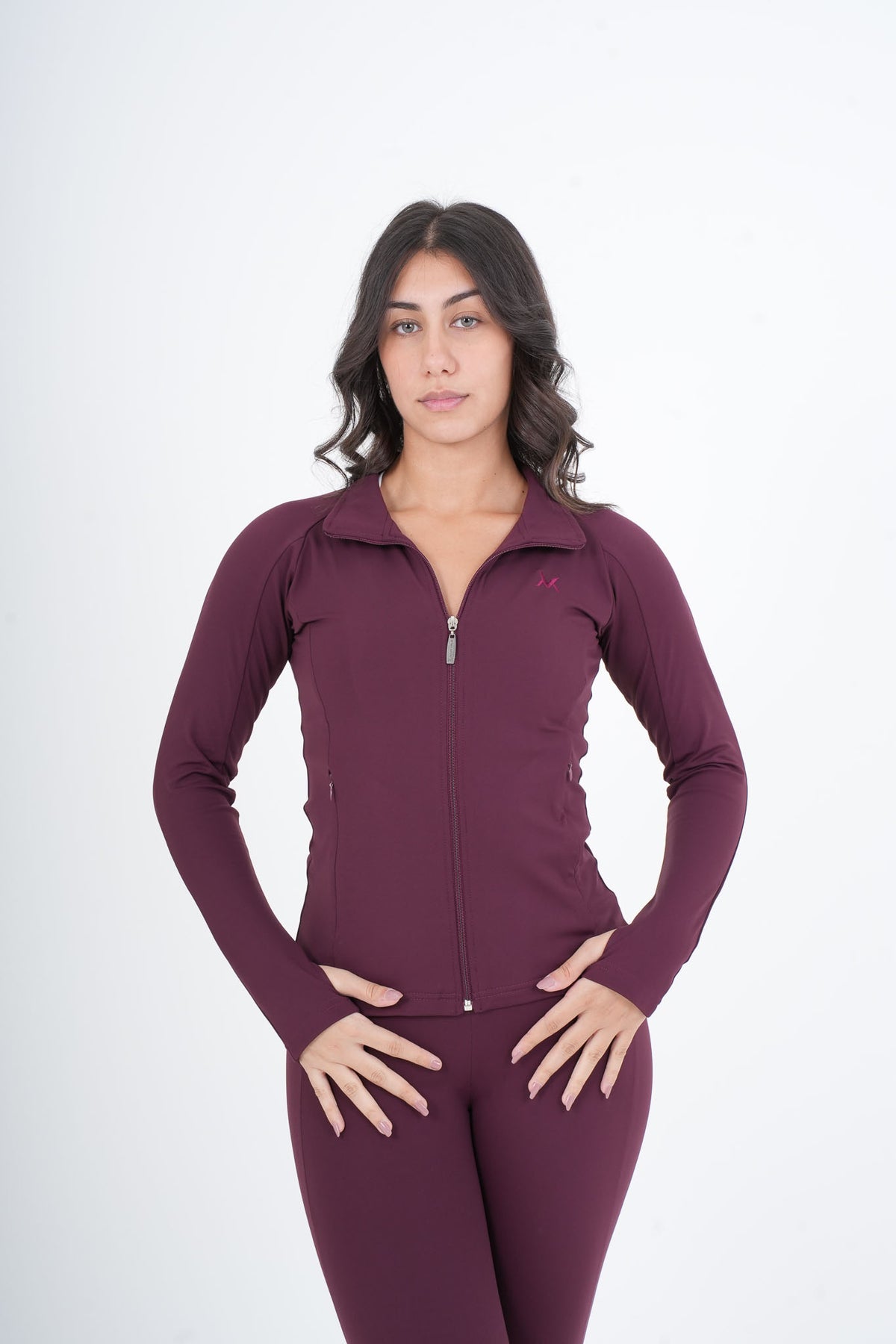 Women's VAN MILE VNML Two-Piece Lycra Set in Bordeaux – close-up of the jacket, front