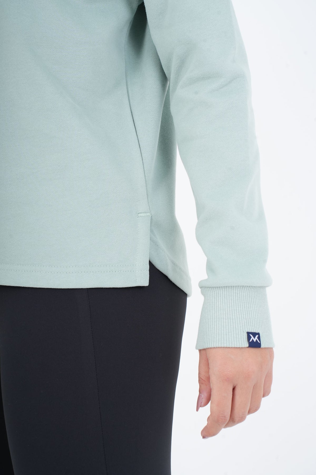 Women's VAN MILE VNML Sweatshirt in Mint Green – detail view of the side hem and cuff