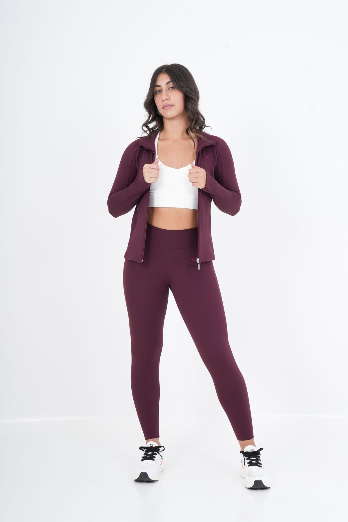 Women's VAN MILE VNML Two-Piece Lycra Set in Bordeaux – front view, jacket open