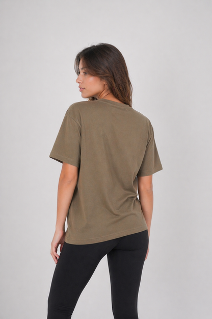 Women's VAN MILE SIGNATURE Oversized T-Shirt in Desert Tan – back view