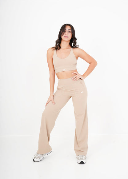 Women's VAN MILE Sculpt Flared Leggings in Beige – full outfit, angled pose
