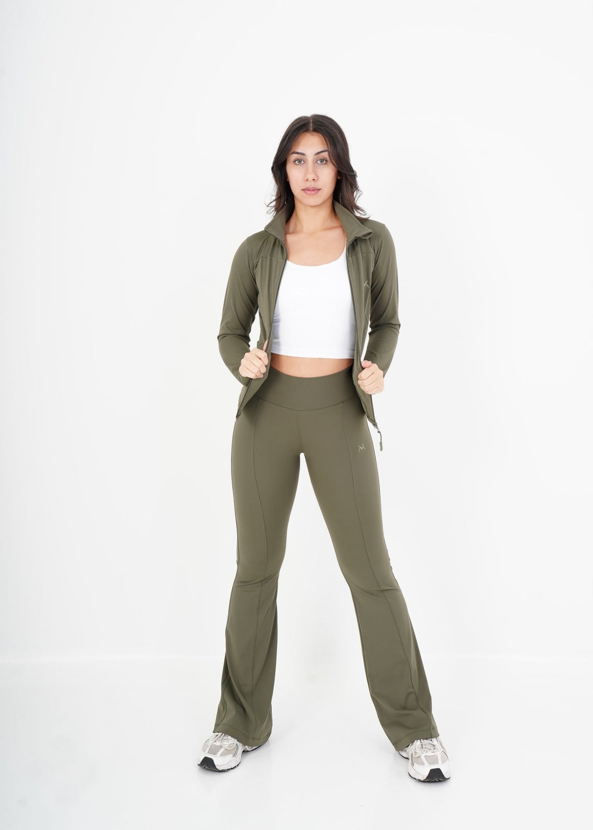 Women's VAN MILE VNML Two-Piece Lycra V2.0 Set in Olive Green – front view, jacket open over white crop top