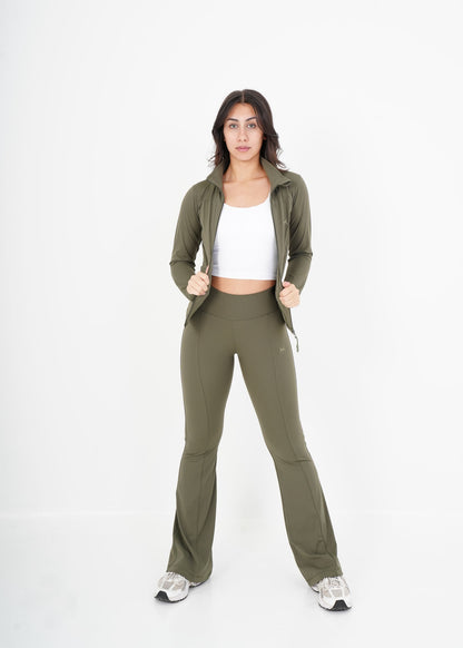 Women's VAN MILE VNML Two-Piece Lycra V2.0 Set in Olive Green – front view, jacket open over white crop top