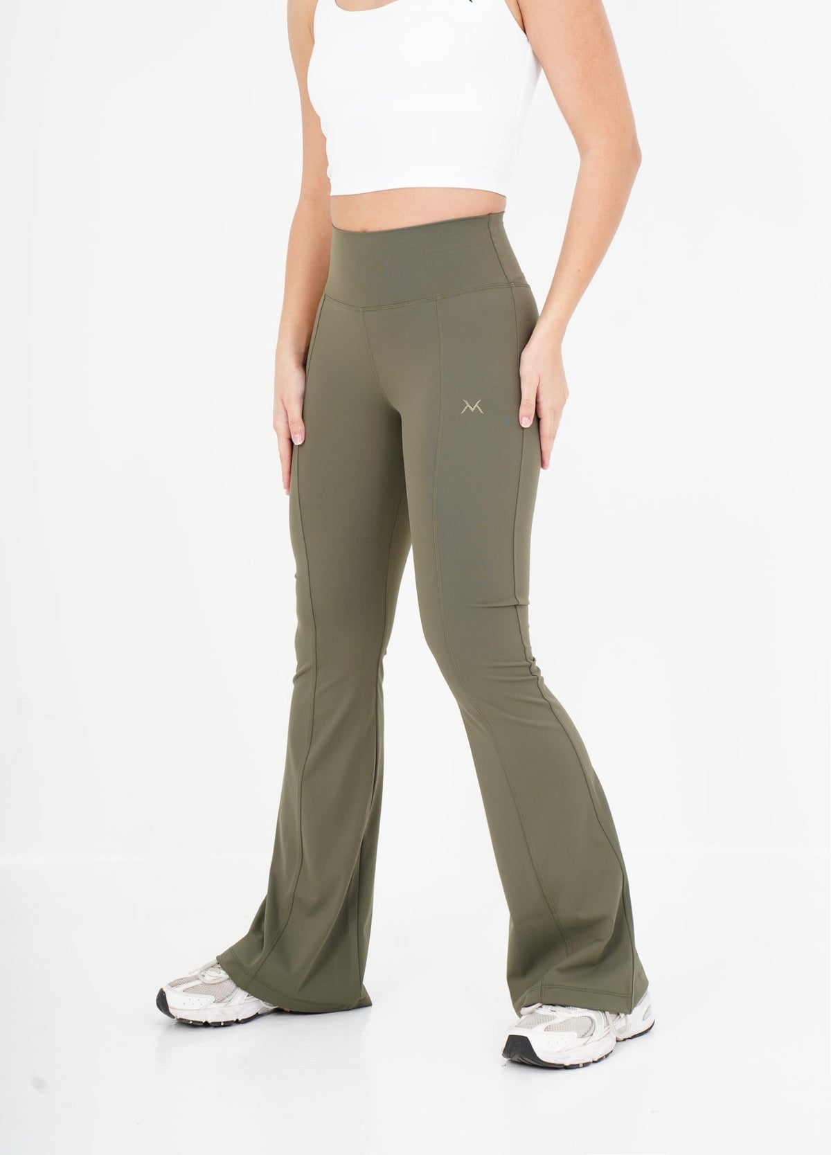 Women's VAN MILE VNML Two-Piece Lycra V2.0 Set in Olive Green – flared pants front view