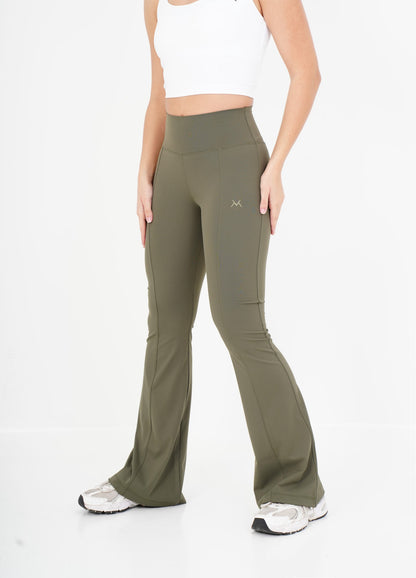Women's VAN MILE VNML Two-Piece Lycra V2.0 Set in Olive Green – flared pants front view