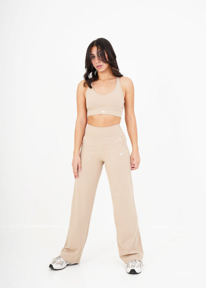 Women's VAN MILE Sculpt Sports Bra in Beige – full outfit with matching wide-leg pants