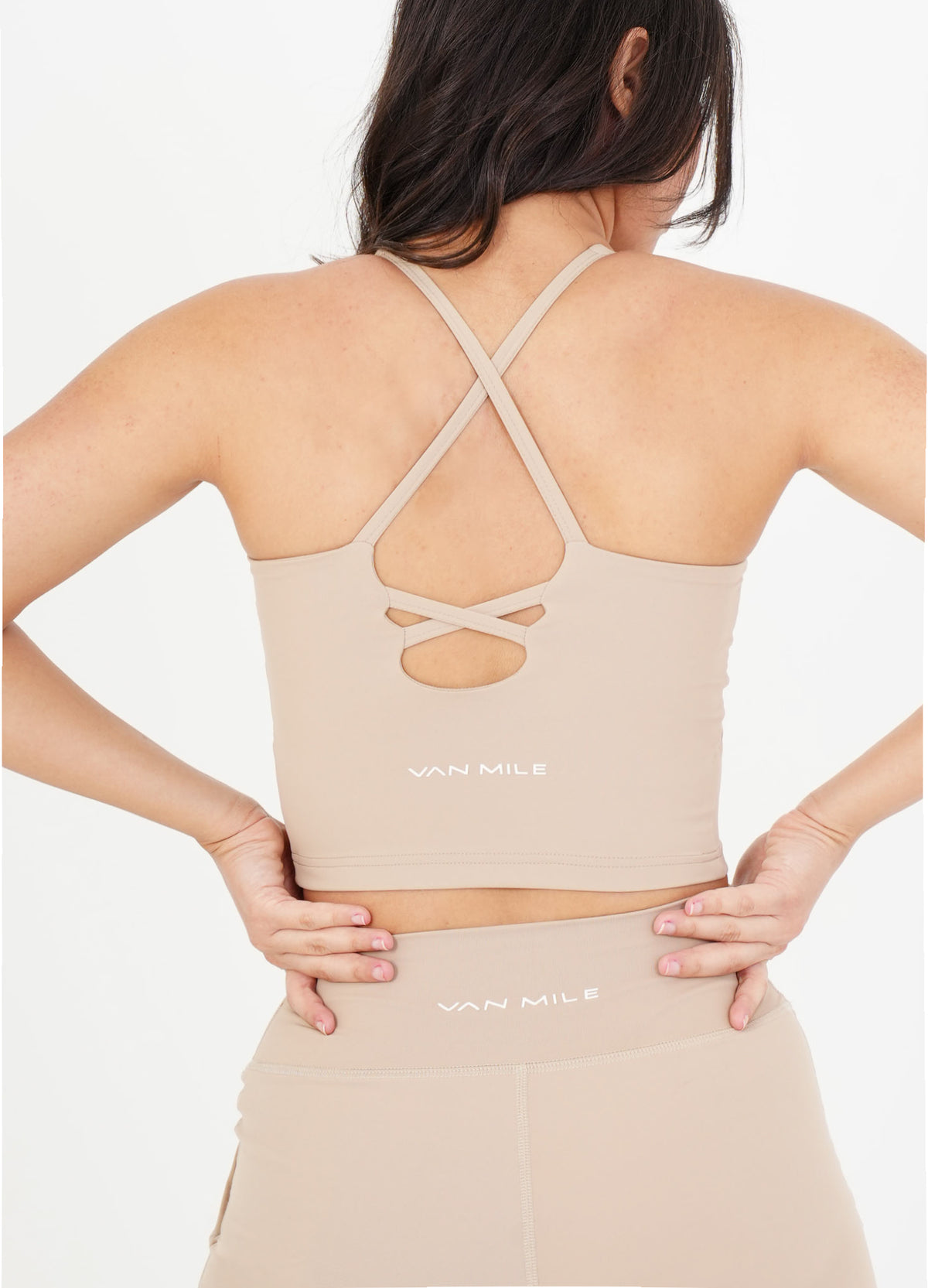 Women's VAN MILE Sculpt Crop Top in Beige – close-up of the cross-strap back