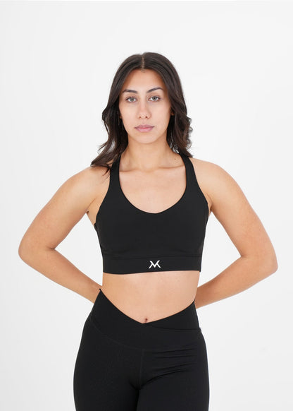 Women's VAN MILE Sculpt Sports Bra in Black – front view, shown with matching leggings