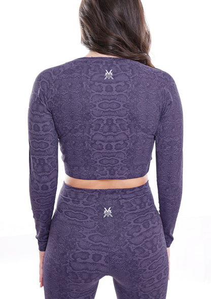 Women's VAN MILE Fearless Cropped Long Sleeve Shirt in Lilac – back view, shown with matching leggings