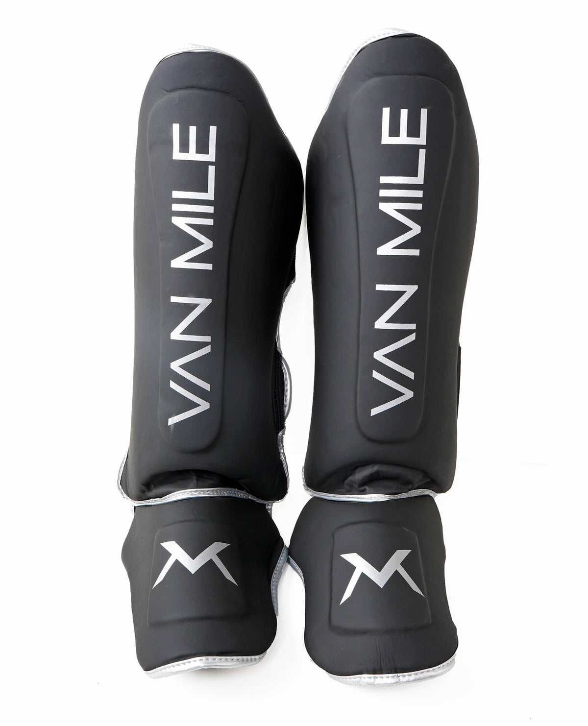 VAN MILE PU 3.0 Shin Guards in Black & Silver – pair shown