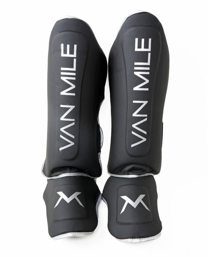 VAN MILE PU 3.0 Shin Guards in Black & Silver – pair shown