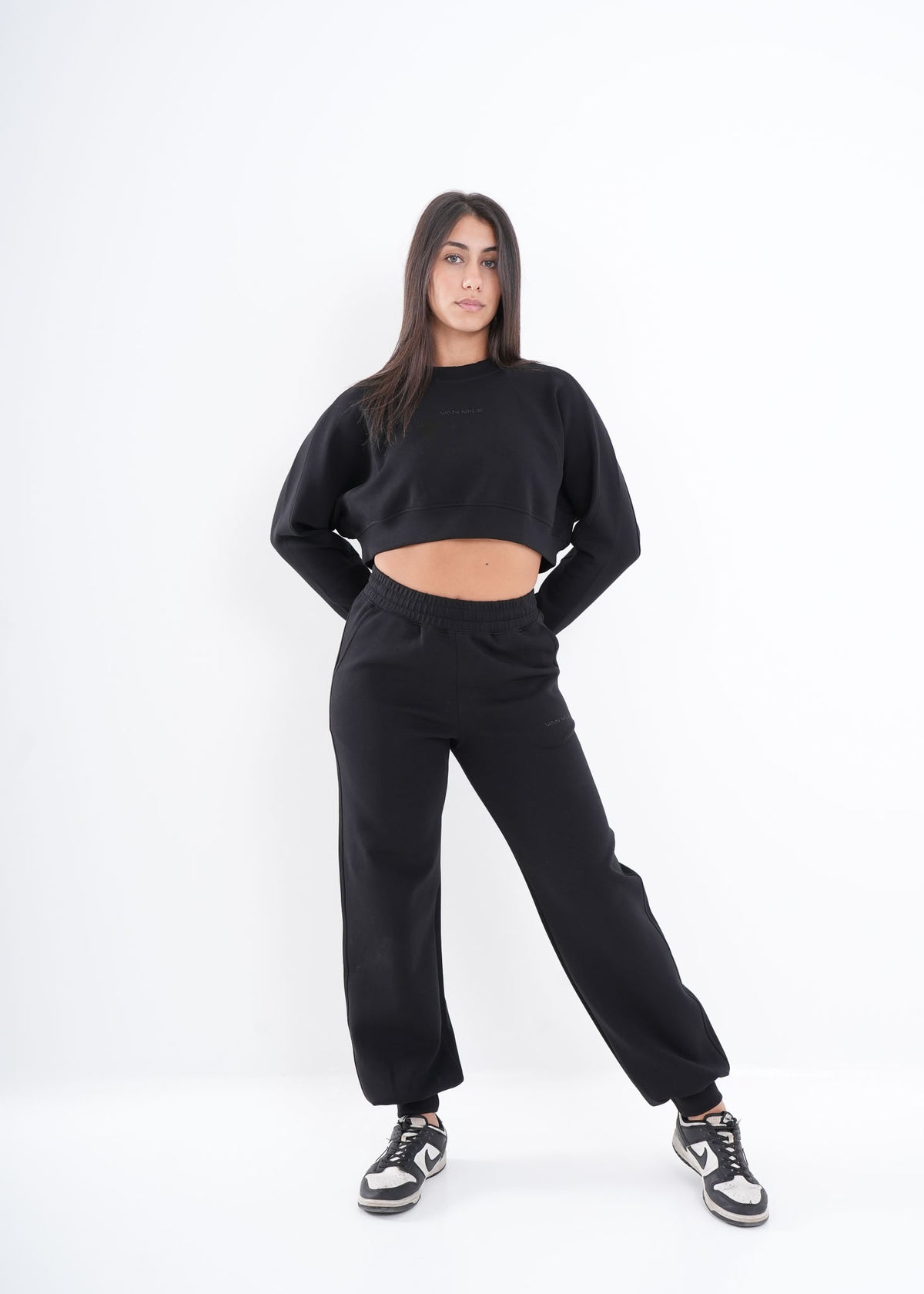Women's VAN MILE VNML Two-Piece Crop Set in Black – full-length front view