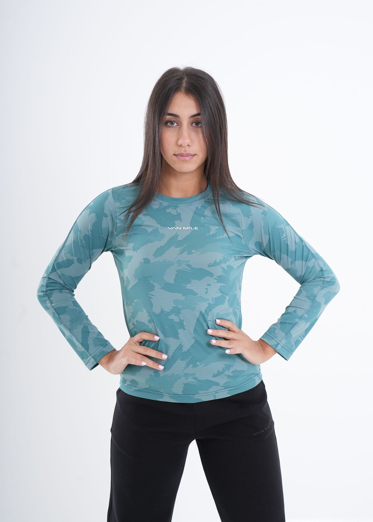 Women's VAN MILE VNML Long Sleeve Quick-Dry Print T-Shirt in Jungle Green – front view
