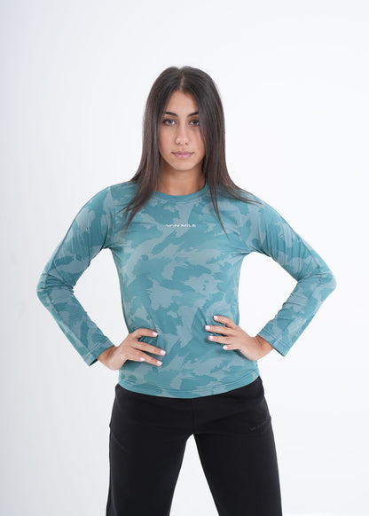 Women's VAN MILE VNML Long Sleeve Quick-Dry Print T-Shirt in Jungle Green – front view