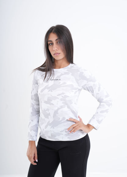 Women's VAN MILE VNML Long Sleeve Quick-Dry Print T-Shirt in White – three-quarter front view