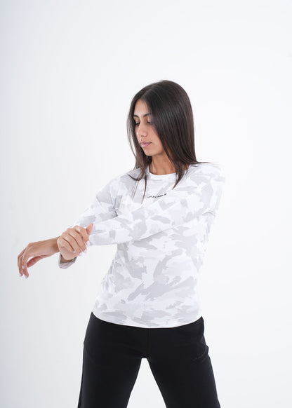 Women's VAN MILE VNML Long Sleeve Quick-Dry Print T-Shirt in White – front view, stretching an arm