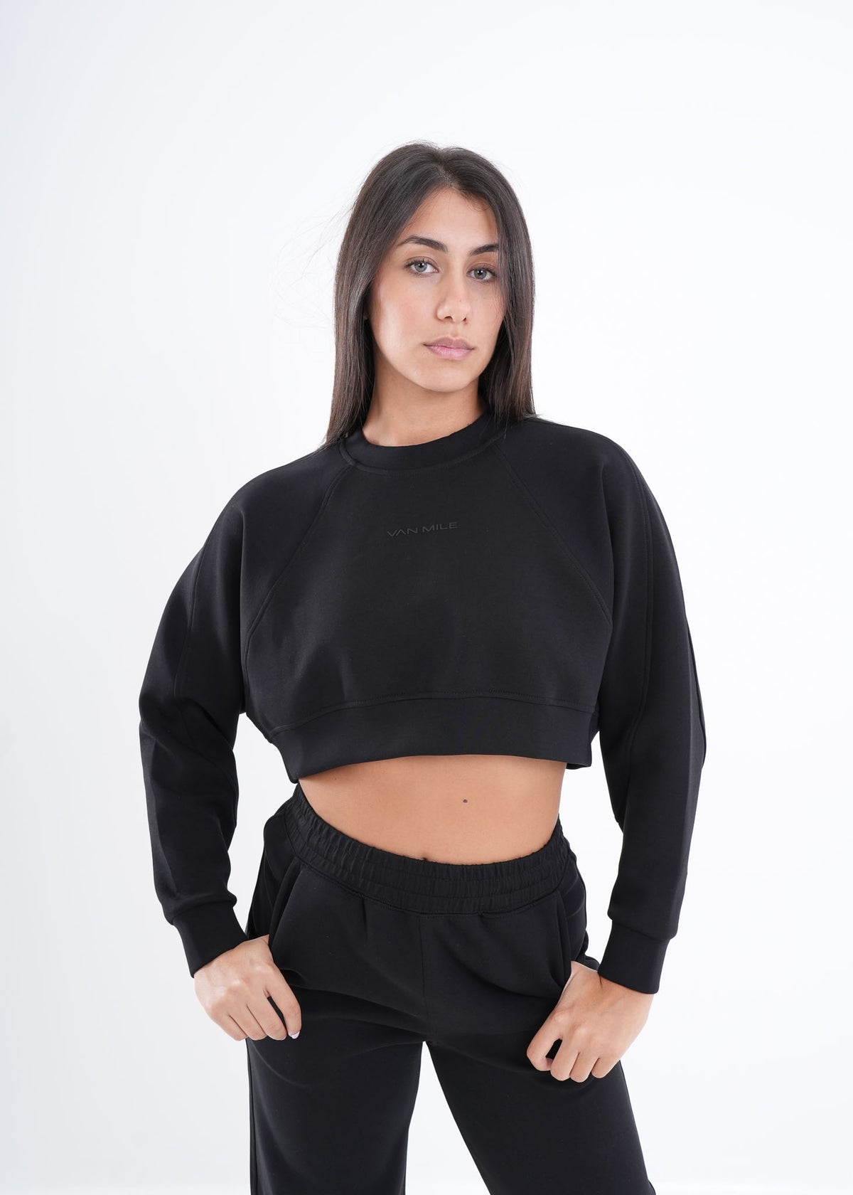 Women's VAN MILE VNML Two-Piece Crop Set in Black – cropped sweatshirt, front view