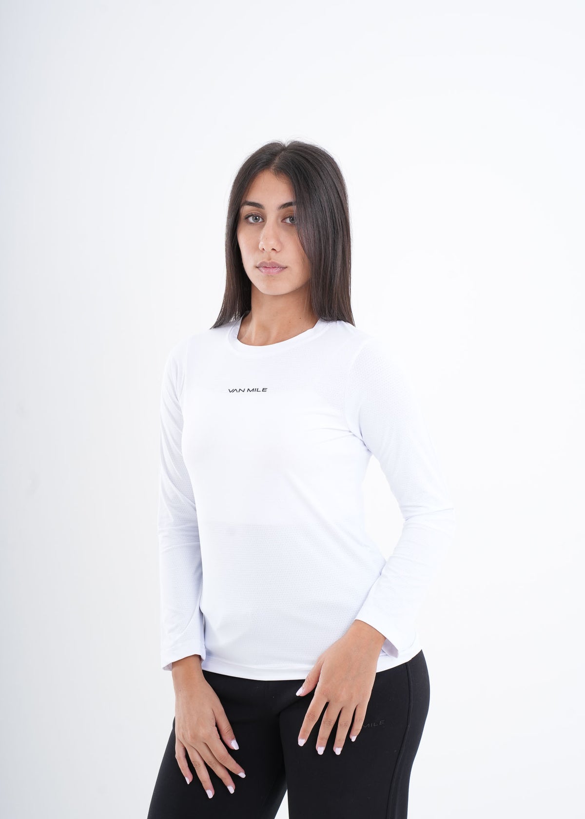 Women's VAN MILE VNML Long Sleeve Quick-Dry T-Shirt in White – angled front view