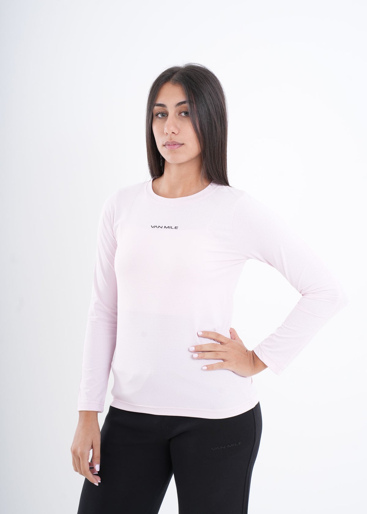 Women's VAN MILE VNML Long Sleeve Quick-Dry T-Shirt in Light Pink – angled front view