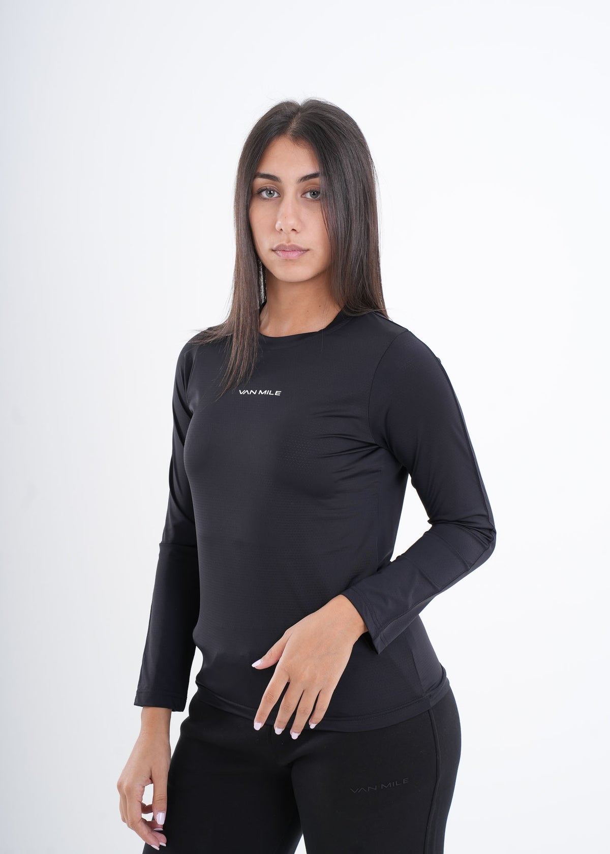Women's VAN MILE VNML Long Sleeve Quick-Dry T-Shirt in Black – angled front view