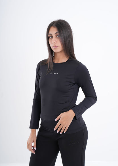 Women's VAN MILE VNML Long Sleeve Quick-Dry T-Shirt in Black – three-quarter front view