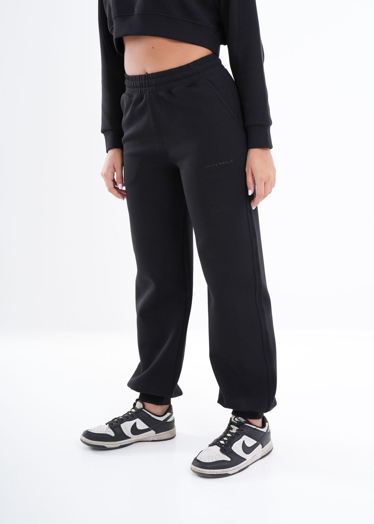 Women's VAN MILE VNML Two-Piece Crop Set in Black – joggers, three-quarter view
