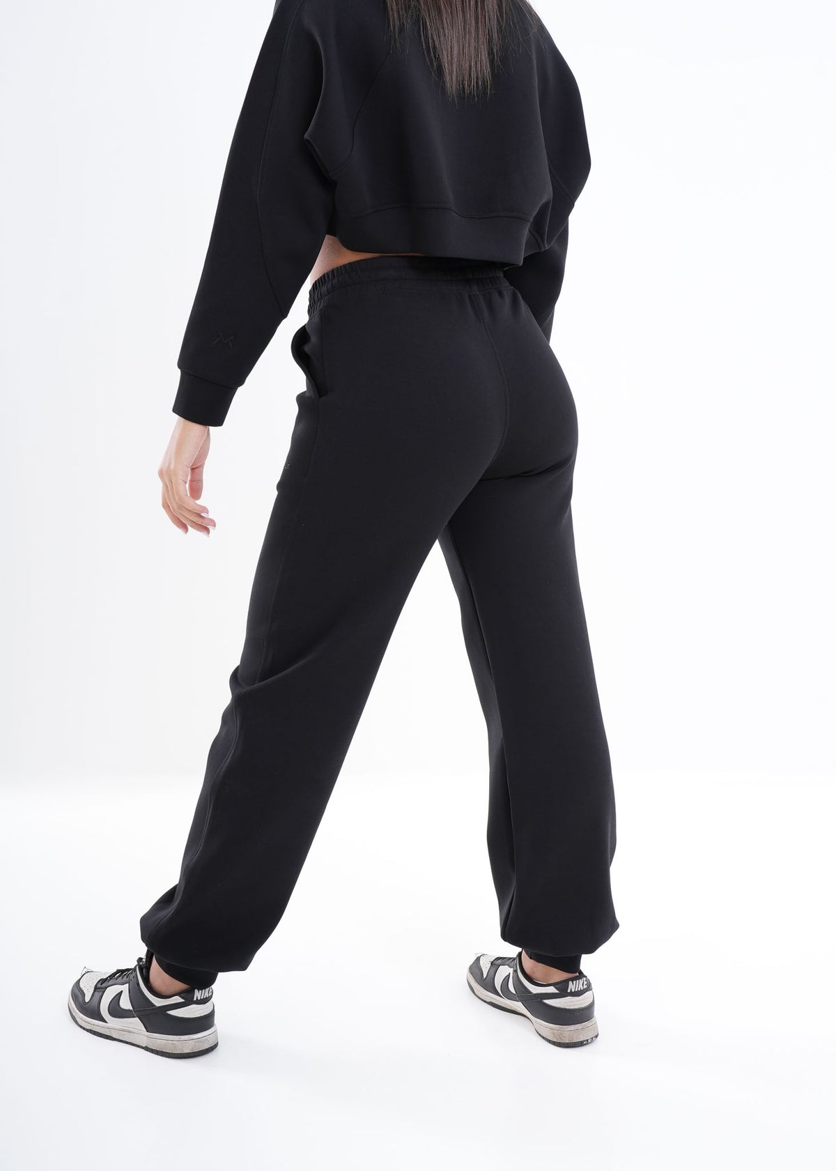 Women's VAN MILE VNML Two-Piece Crop Set in Black – joggers, three-quarter back view
