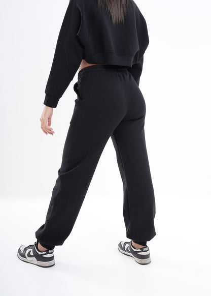 Women's VAN MILE VNML Two-Piece Crop Set in Black – joggers, three-quarter back view
