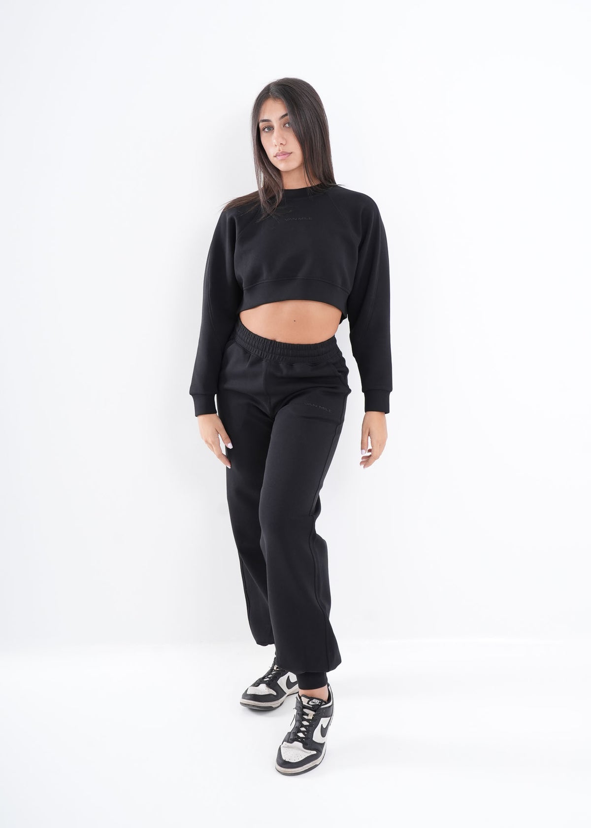 Women's VAN MILE VNML Two-Piece Crop Set in Black – full-length three-quarter view