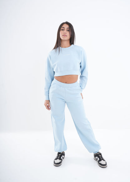 Women's VAN MILE VNML Two-Piece Crop Set in Baby Blue – full-length front view, hand in pocket