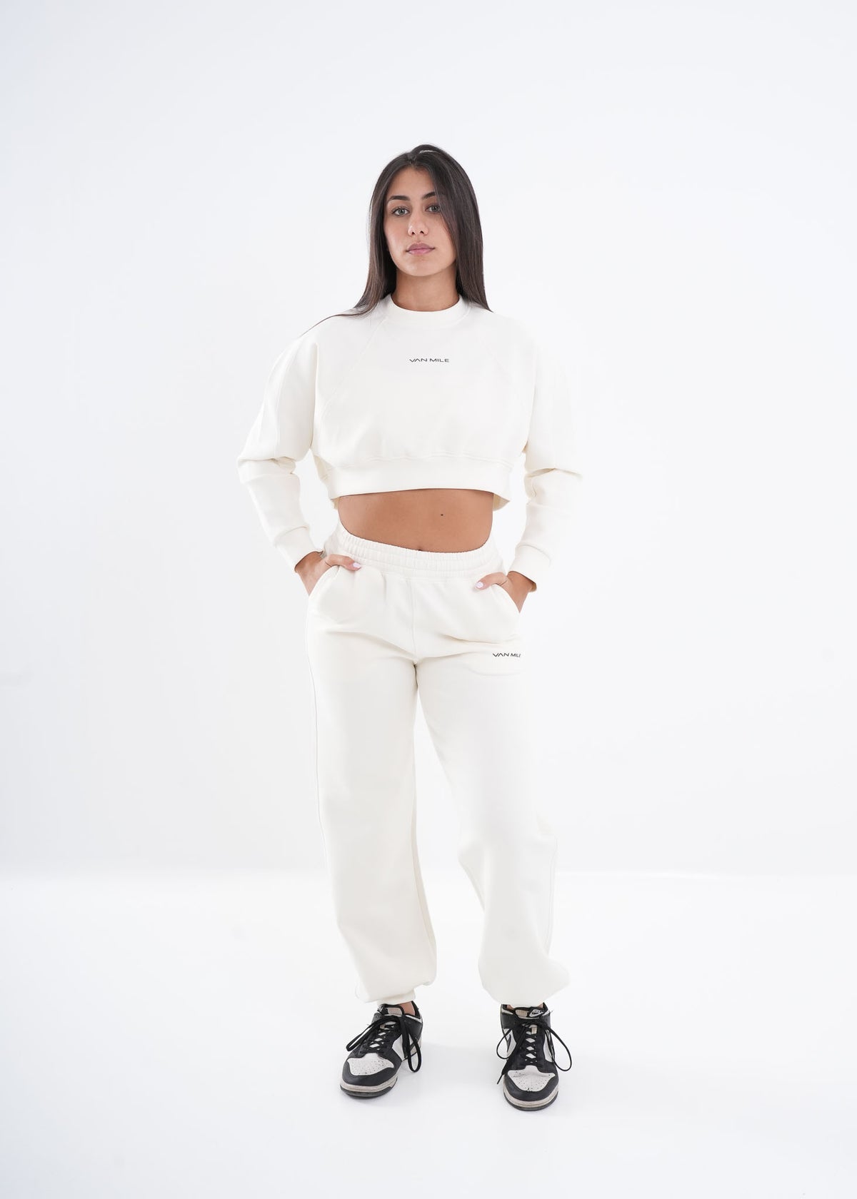 Women's VAN MILE VNML Two-Piece Crop Set in Off White – full-length front view, hands in pockets