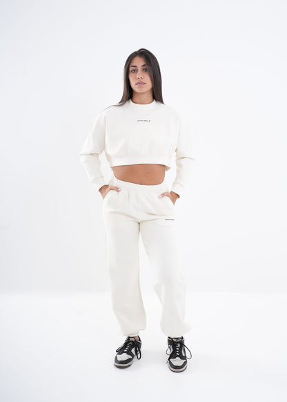 Women's VAN MILE VNML Two-Piece Crop Set in Off White – full-length front view, hands in pockets
