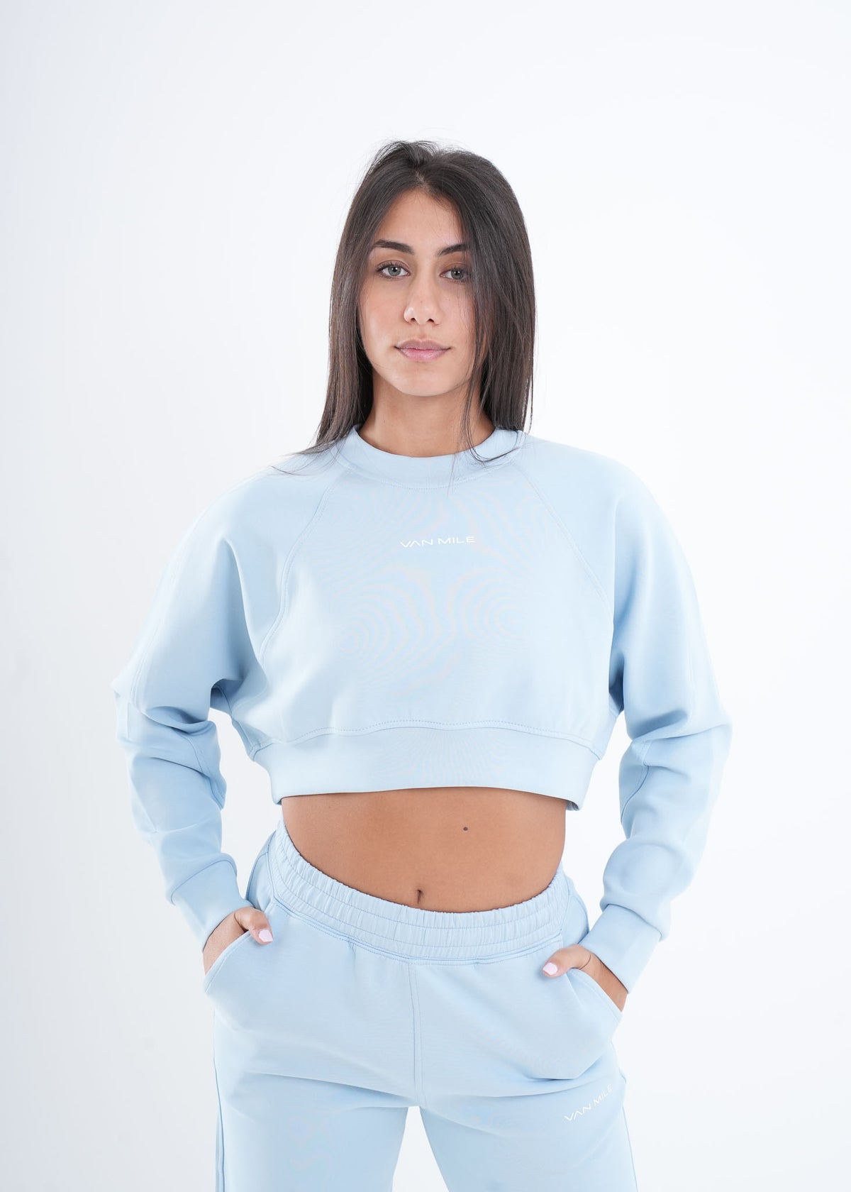 Women's VAN MILE VNML Two-Piece Crop Set in Baby Blue – cropped sweatshirt, front view