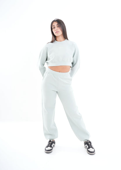 Women's VAN MILE VNML Two-Piece Crop Set in Mint Green – full-length front view, hands on hips