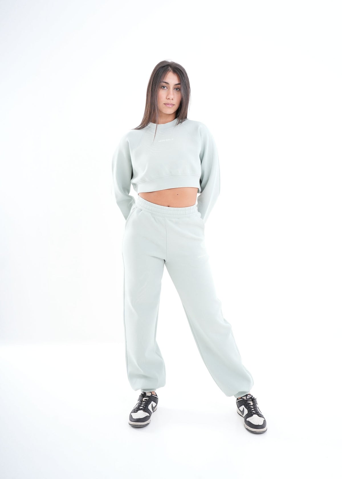 Women's VAN MILE VNML Two-Piece Crop Set in Mint Green – full-length front view, hands behind back