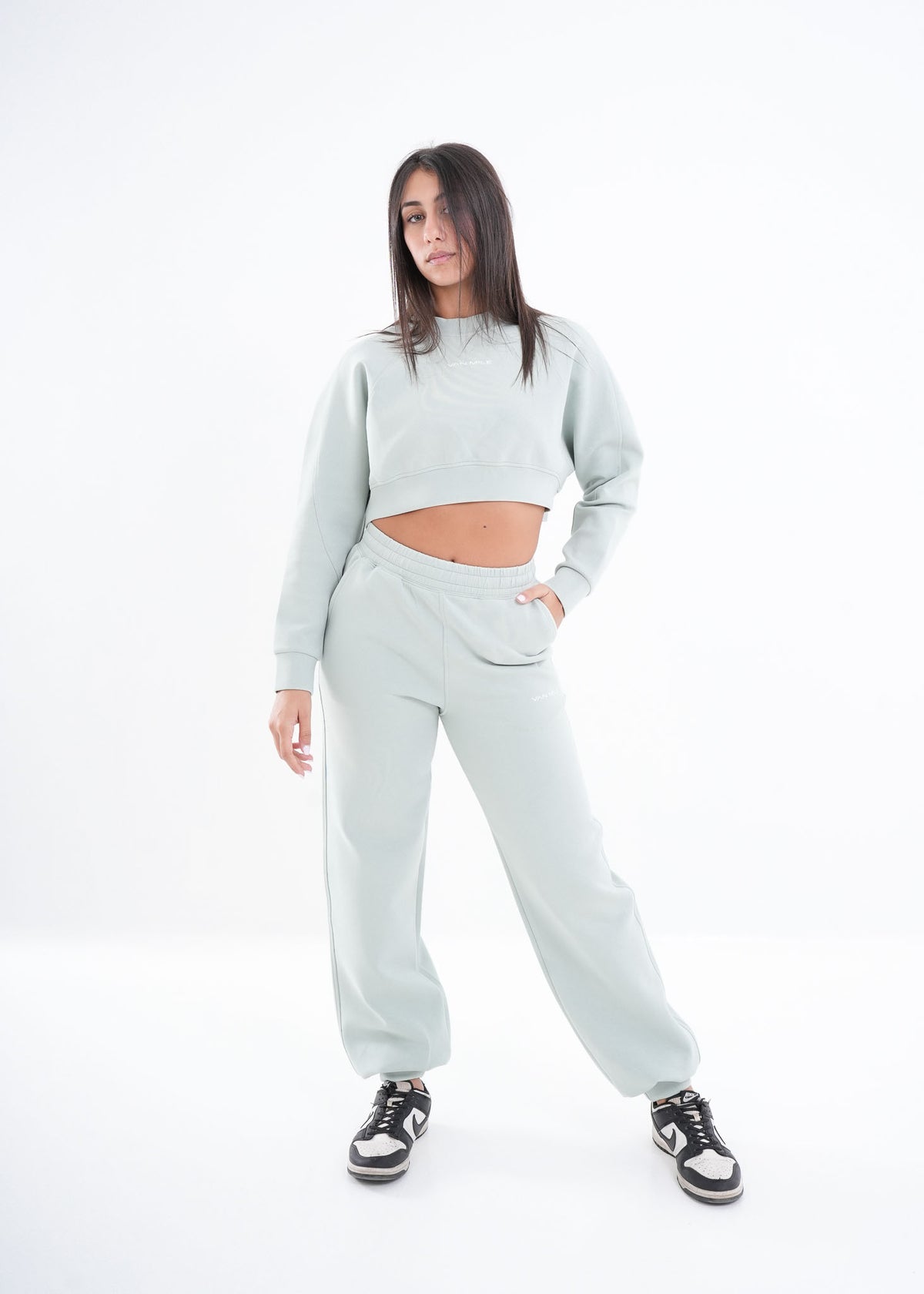 Women's VAN MILE VNML Two-Piece Crop Set in Mint Green – full-length front view