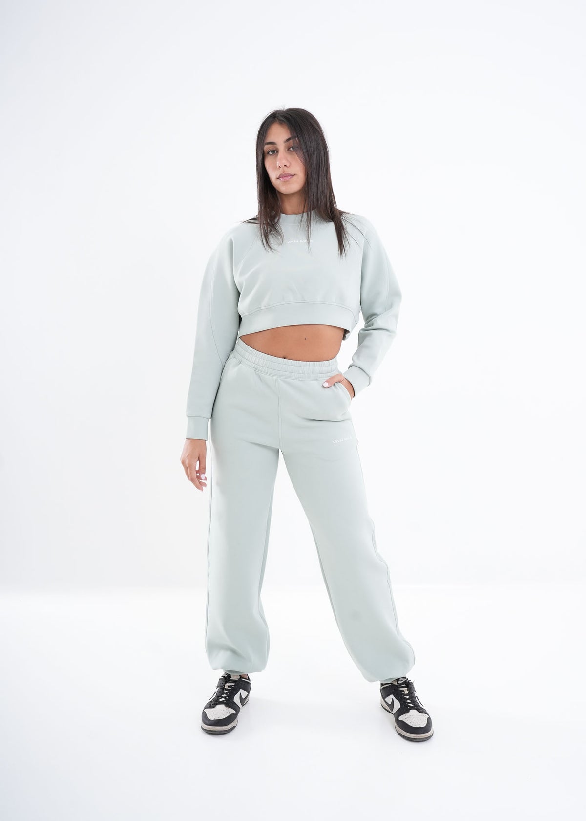 Women's VAN MILE VNML Two-Piece Crop Set in Mint Green – full-length front view, hand in pocket