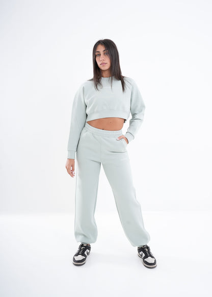 Women's VAN MILE VNML Two-Piece Crop Set in Mint Green – full-length front view, hand in pocket