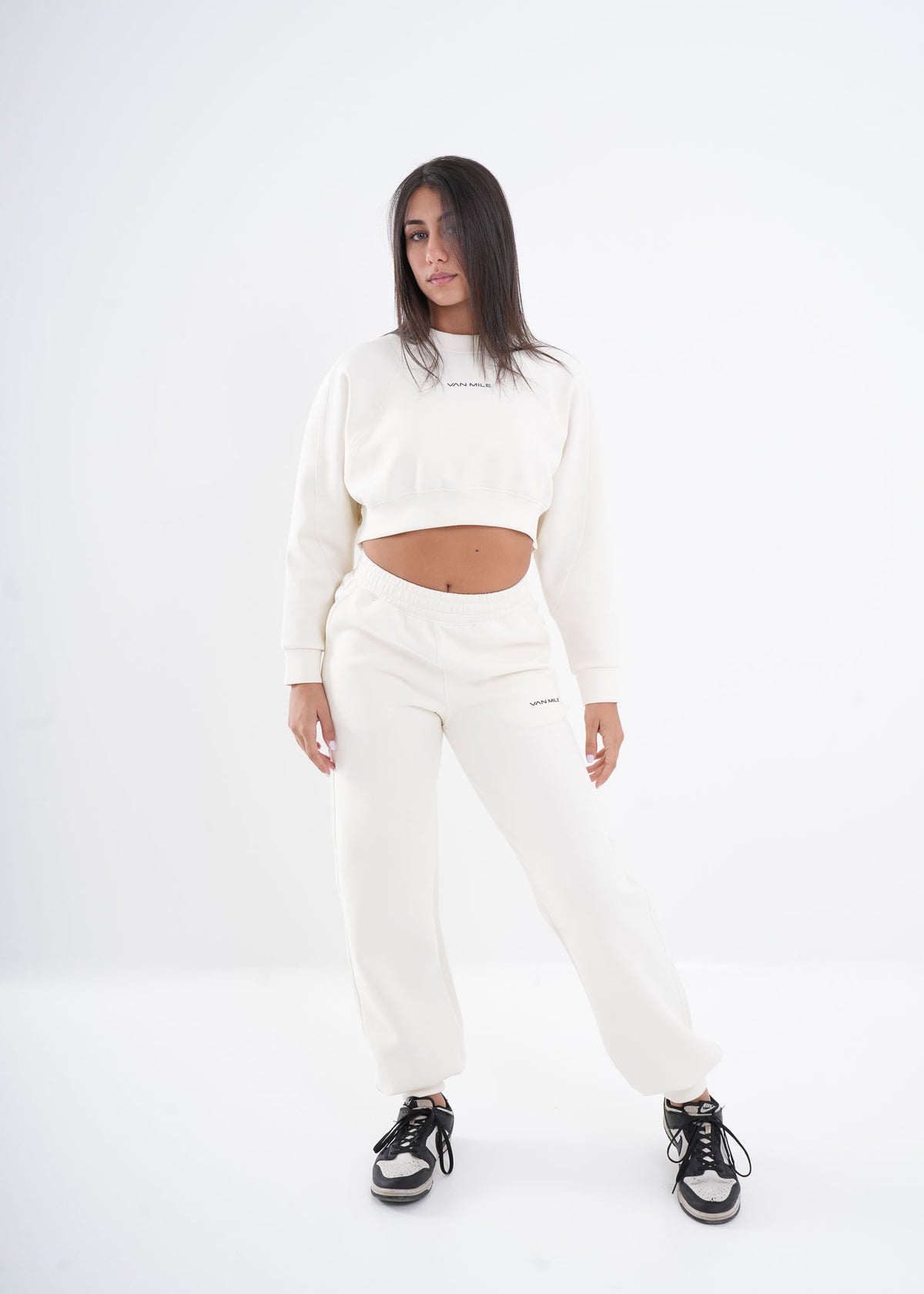 Women's VAN MILE VNML Two-Piece Crop Set in Off White – full-length front view