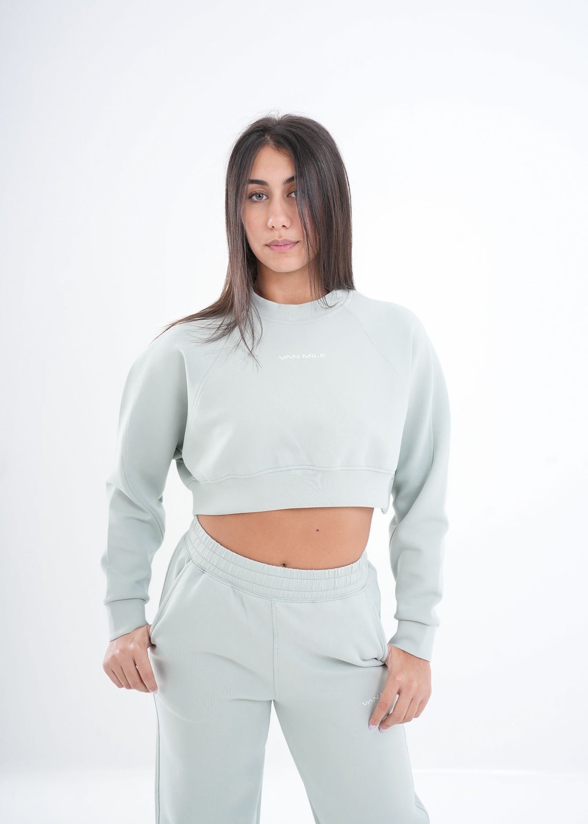 Women's VAN MILE VNML Two-Piece Crop Set in Mint Green – cropped sweatshirt, front view