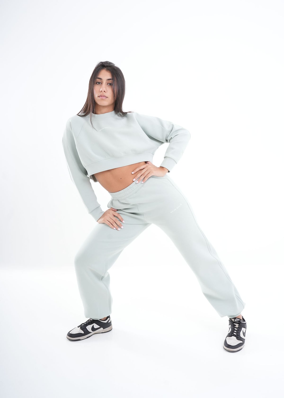 Women's VAN MILE VNML Two-Piece Crop Set in Mint Green – full-length, wide-stance pose